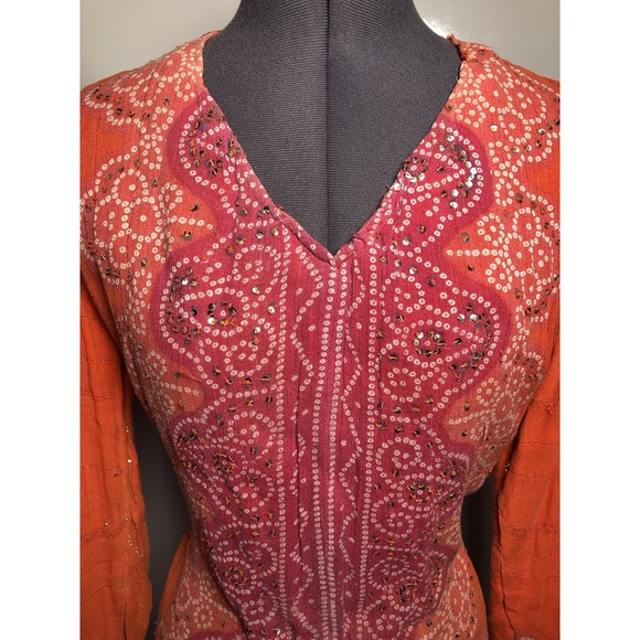 Vtg Y2K Boho Blouse Cervelle Sequin Metallic  Bandhani Print Orange S DAMAGED - Picture 2 of 14